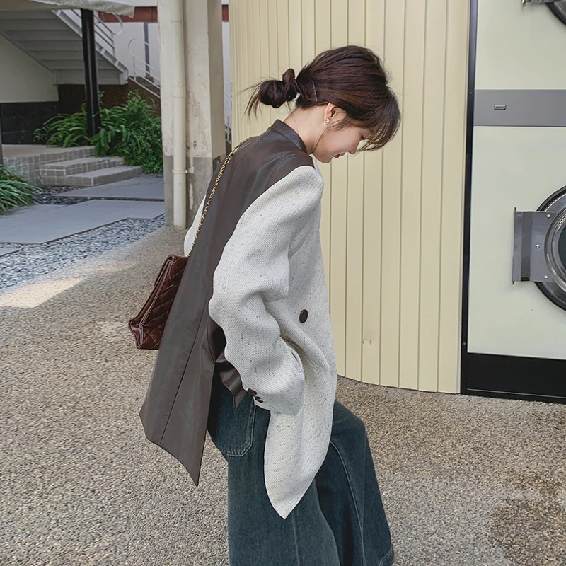 米白色设计感西装外套女2025春新款小个子高级感拼接PU皮无领西服