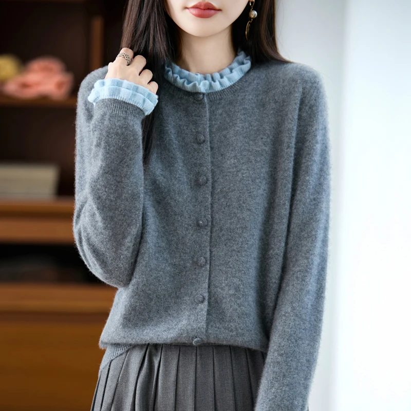 MZ.加厚秋冬女款长袖木耳领包扣纯羊毛针织开衫外套上衣D2518