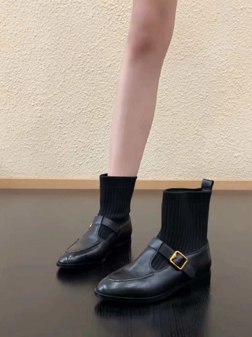 Pokoy-2.2cm轻职风圆头T字带针织拼接一脚蹬套筒乐福袜靴