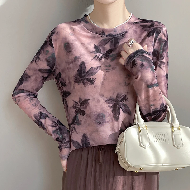 女士圆领网纱透气印花T恤  胭脂蝶舞