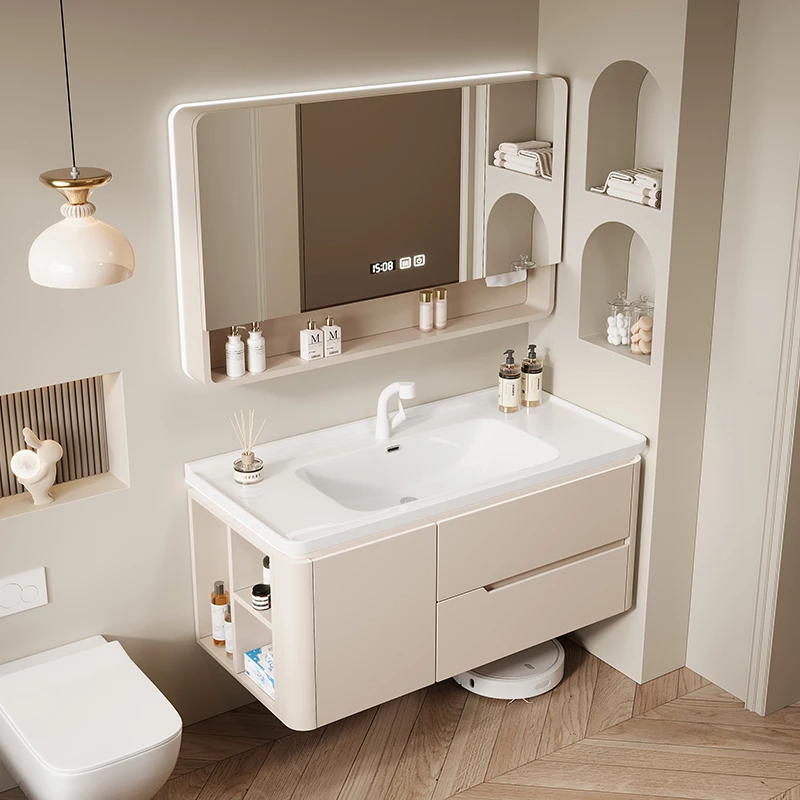 【A19橡木烤漆-带侧边柜】奶油风陶瓷盆圆挡水浴室柜洗手台盆柜组