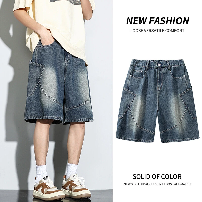 夏季青少年牛仔百搭阔腿休闲男生夏季美式宽松中裤潮短裤ins