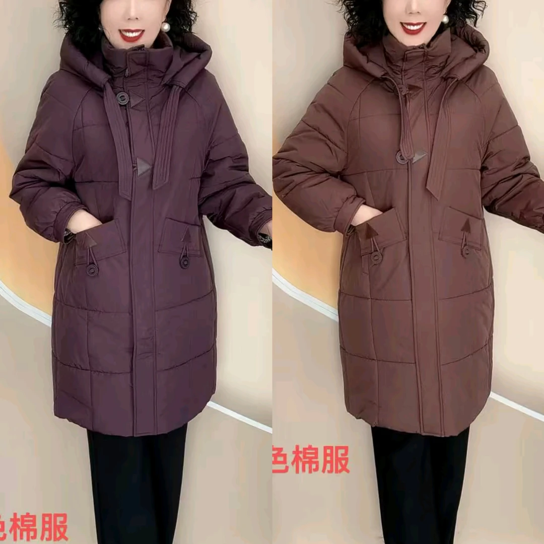 高端净色中老年秋冬连帽时尚减龄轻便保暖中长款棉服(衣长94左右）
