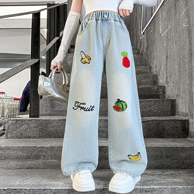 女童春季牛仔裤2025新款洋气时尚水果毛巾绣阔腿裤6-12岁中大童潮
