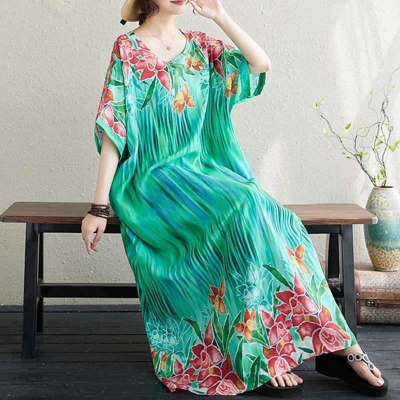 文艺复古大码宽松度假风沙滩裙女装2025夏季新款波西米亚宽松长裙