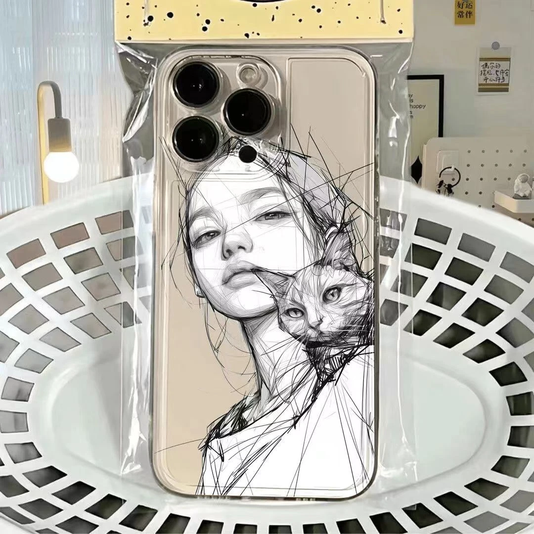 素描女孩适用iPhone16promax手机壳13苹果15全包14小众12太空壳11