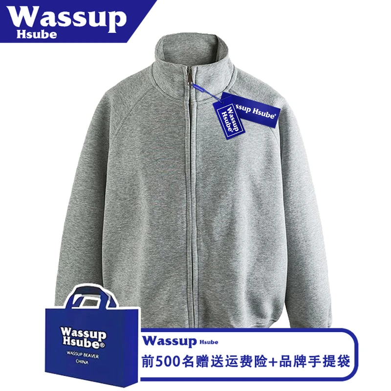 WASSUP HSUBE潮酷美式纯色外套秋冬拉链立领开衫男女款慵懒风卫衣