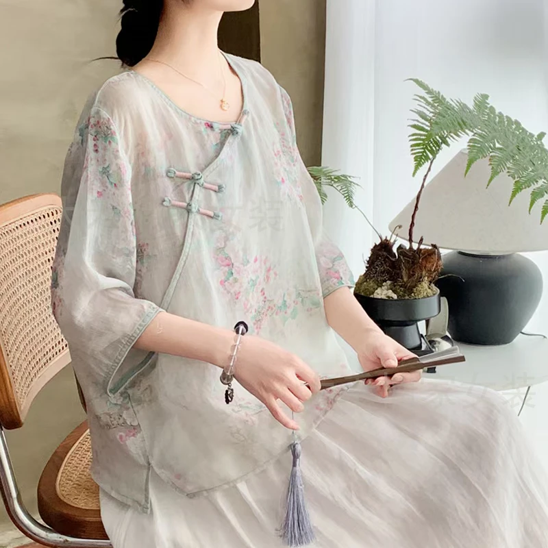 2025夏季新款中式复古文艺苎麻中袖薄款斜襟禅意上衣女05-20-01