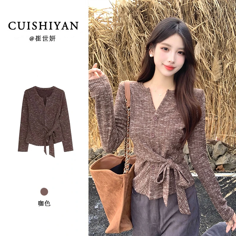 【琥珀流光风】复古咖色V领绑带长袖T恤女早秋内搭收腰显瘦开衫上衣