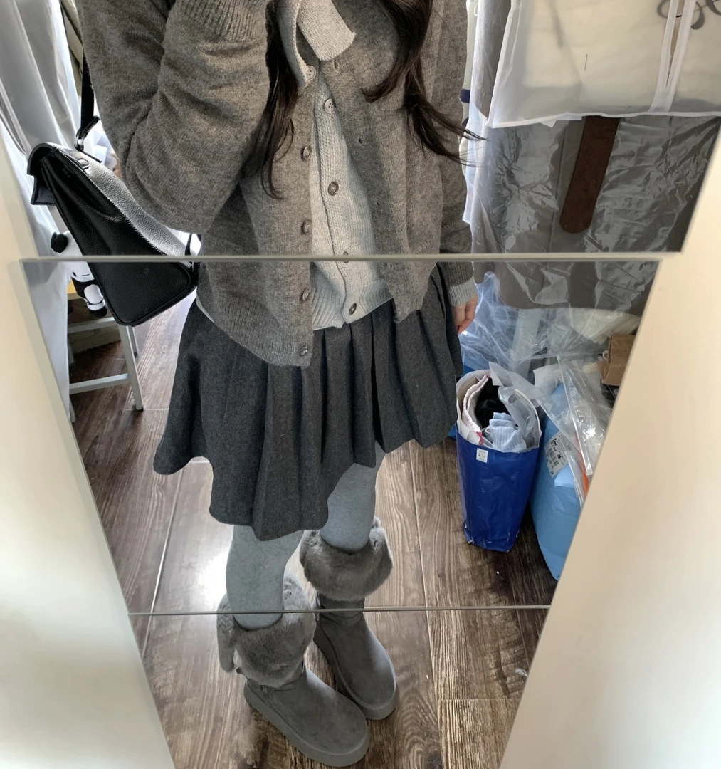 「欣欣子」韩系秋冬百搭灰色呢子小半裙