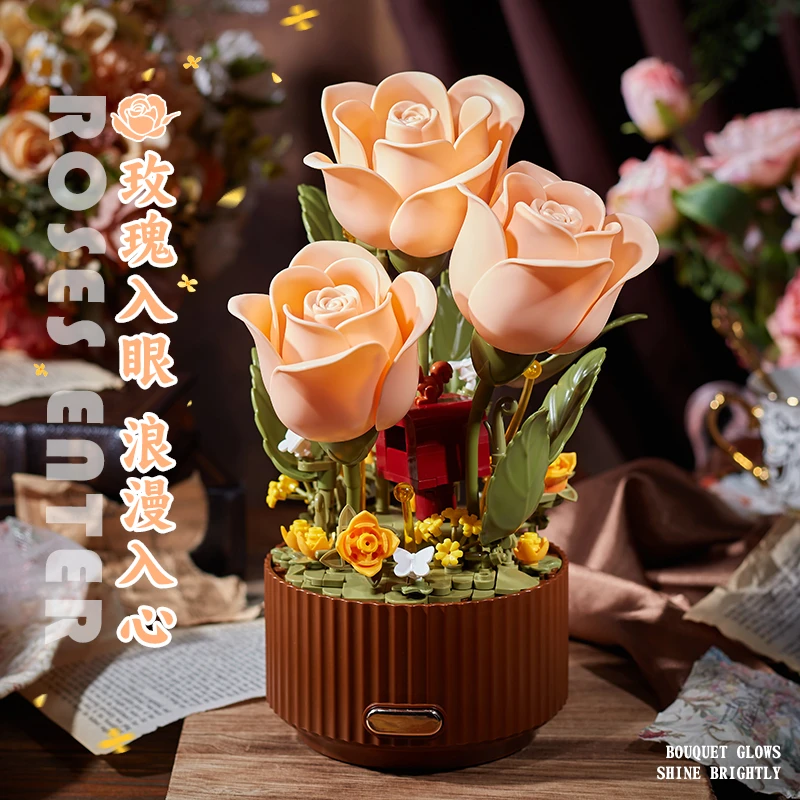 双11电动玫瑰花积木花拼装手工diy家居摆件生日礼物创意趣味高级