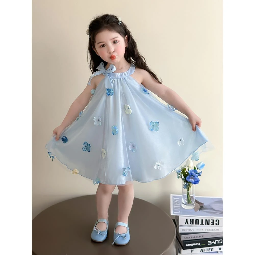 巴拉巴拉云朵女童2025年夏款新款花朵蝴蝶结网纱连衣裙六一表演服