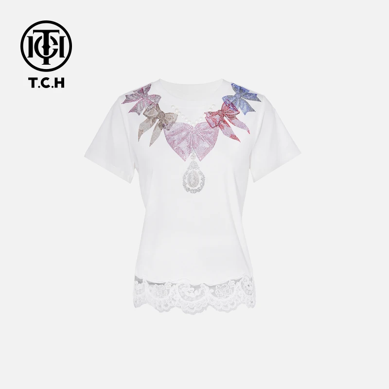 TCH私服烫钻工艺时尚休闲百搭气质蝴蝶结T恤女T75B10E5062轻奢tch