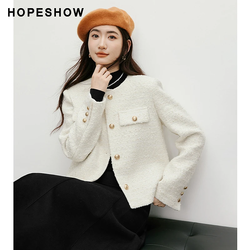 红袖2025冬季新款女装 香风亮丝粗花呢正肩长袖圆领短款箱型外套