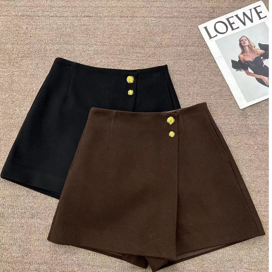 KIKI严选：【66896】-YER家欧洲站冬季新款金属装饰设计高腰裤裙