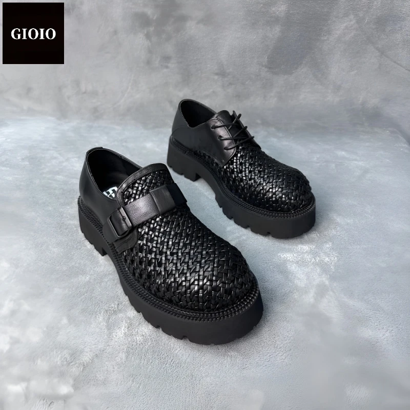 男士夏季德比鞋大头真皮鞋编织镂空透气乐福鞋增高手工休闲男鞋子