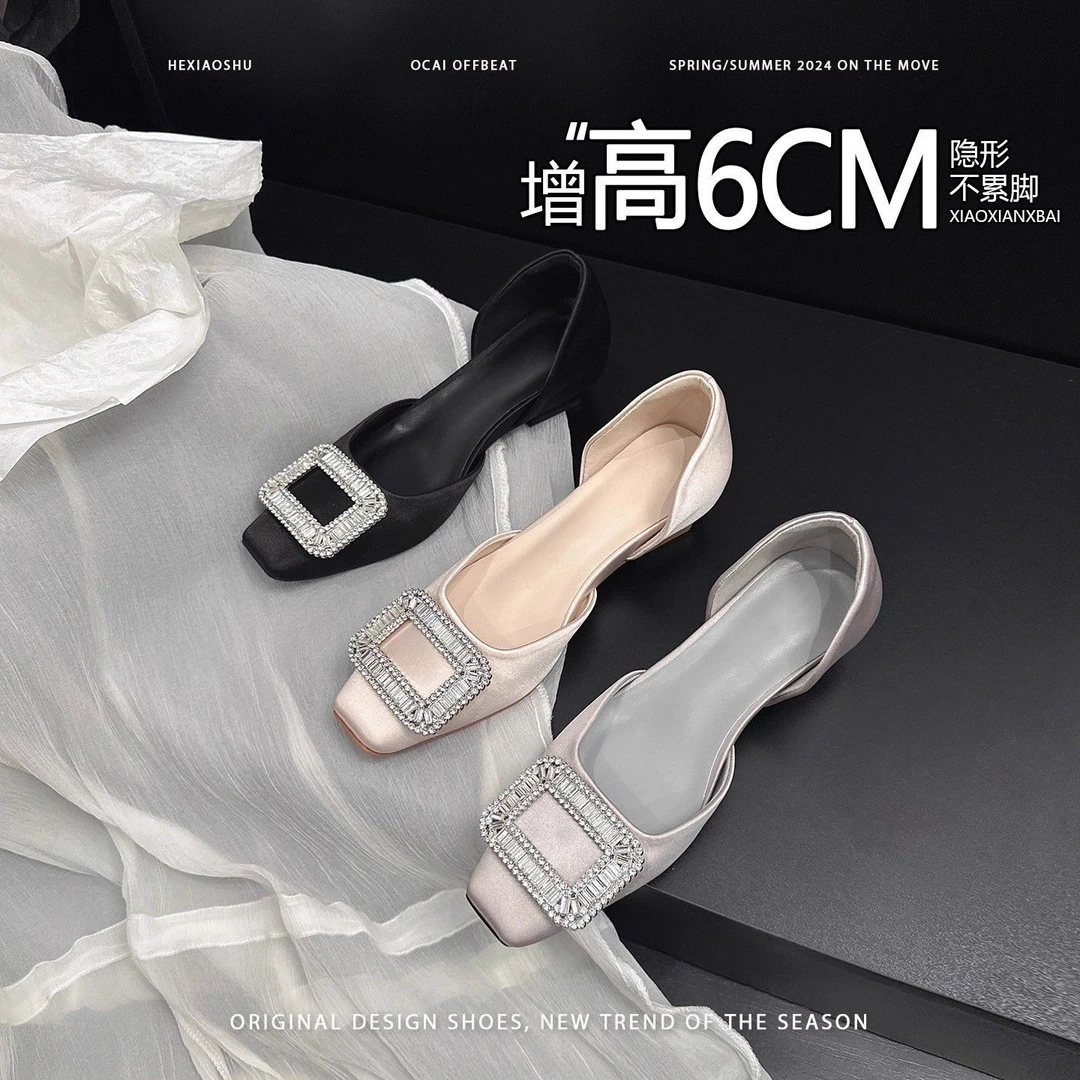 绸缎内6cm雪花水钻扣浅口单鞋女2025新款法式透气中空凉鞋夏季