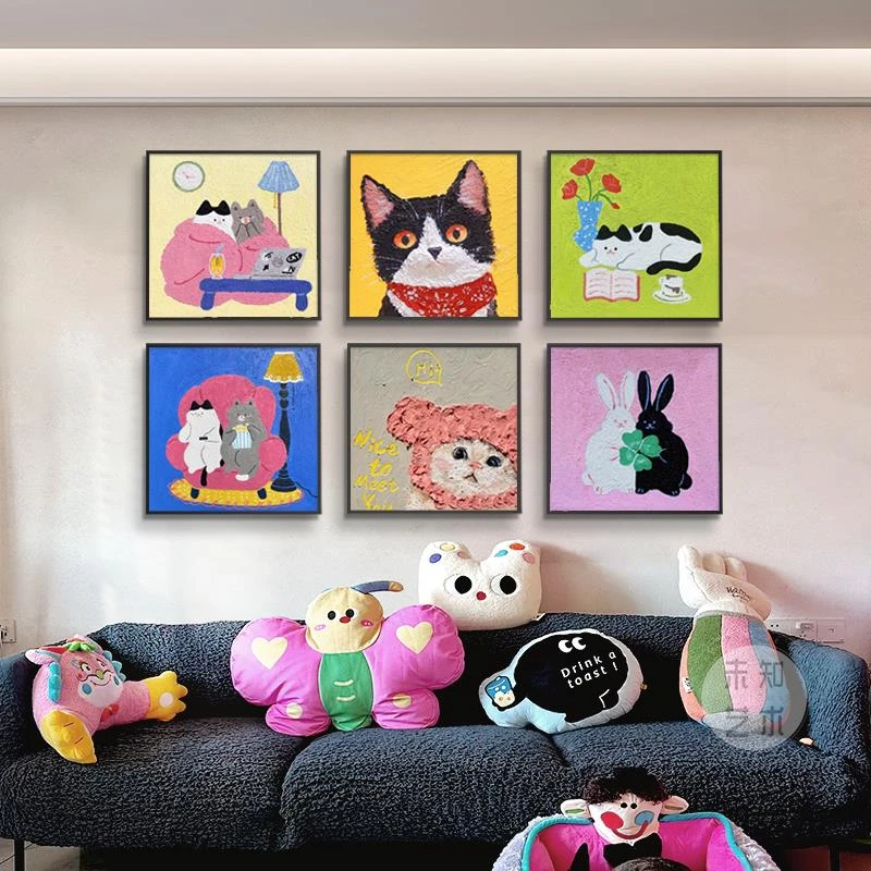 网红猫咪装饰画多巴胺客厅沙发背景墙壁画现代简约儿童房卧室挂画
