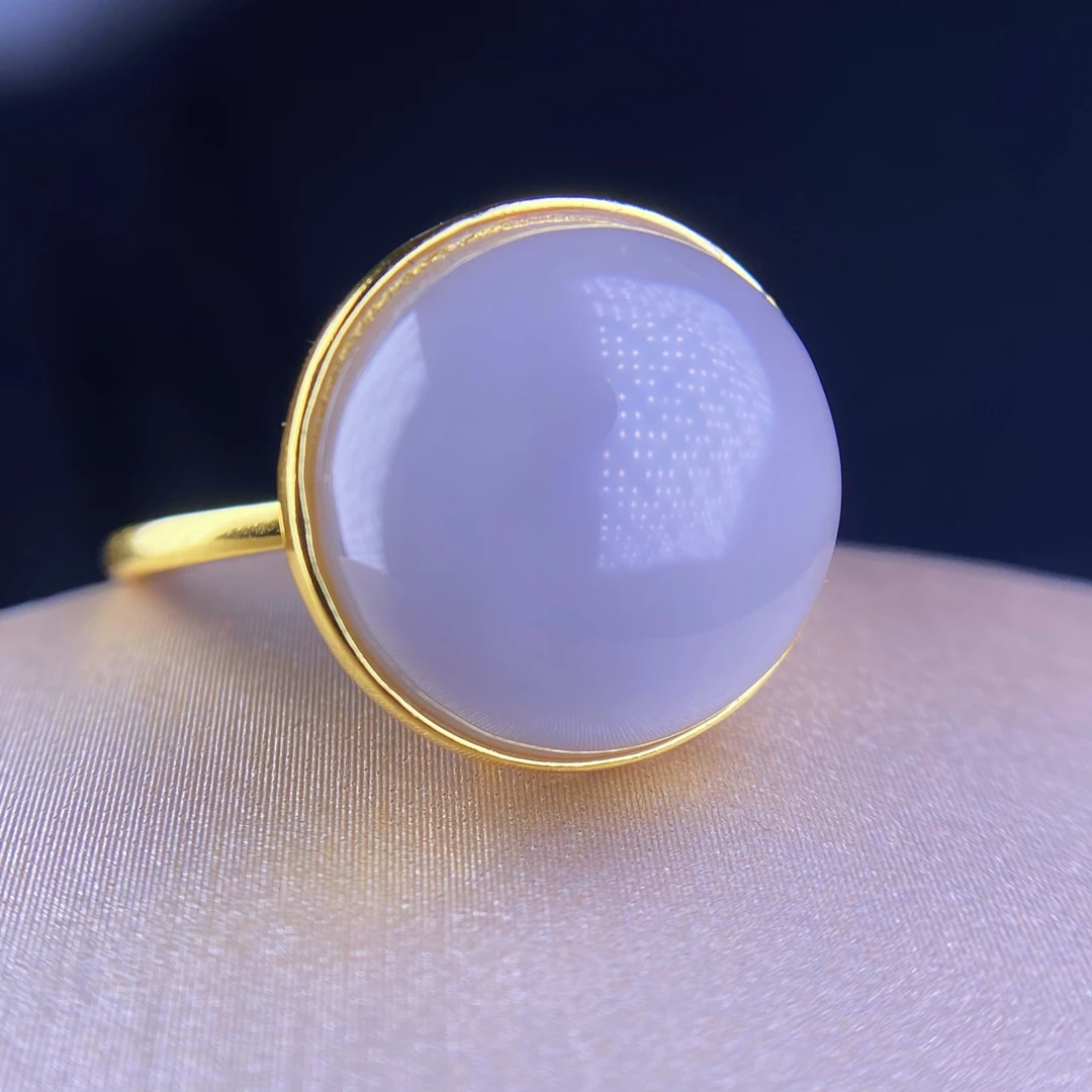 天然和田玉青海料精品烟紫大圆面925银戒指开口戒女气质轻奢@0057