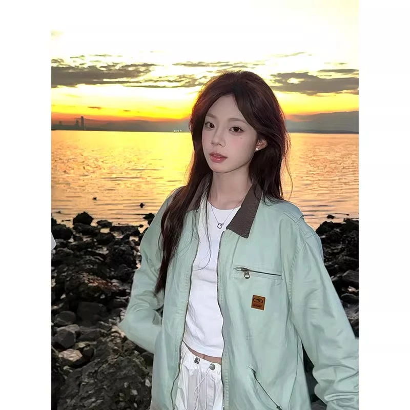 日系复古超好看翻领外套女春秋季底特律潮牌男女款工装夹克棒球服