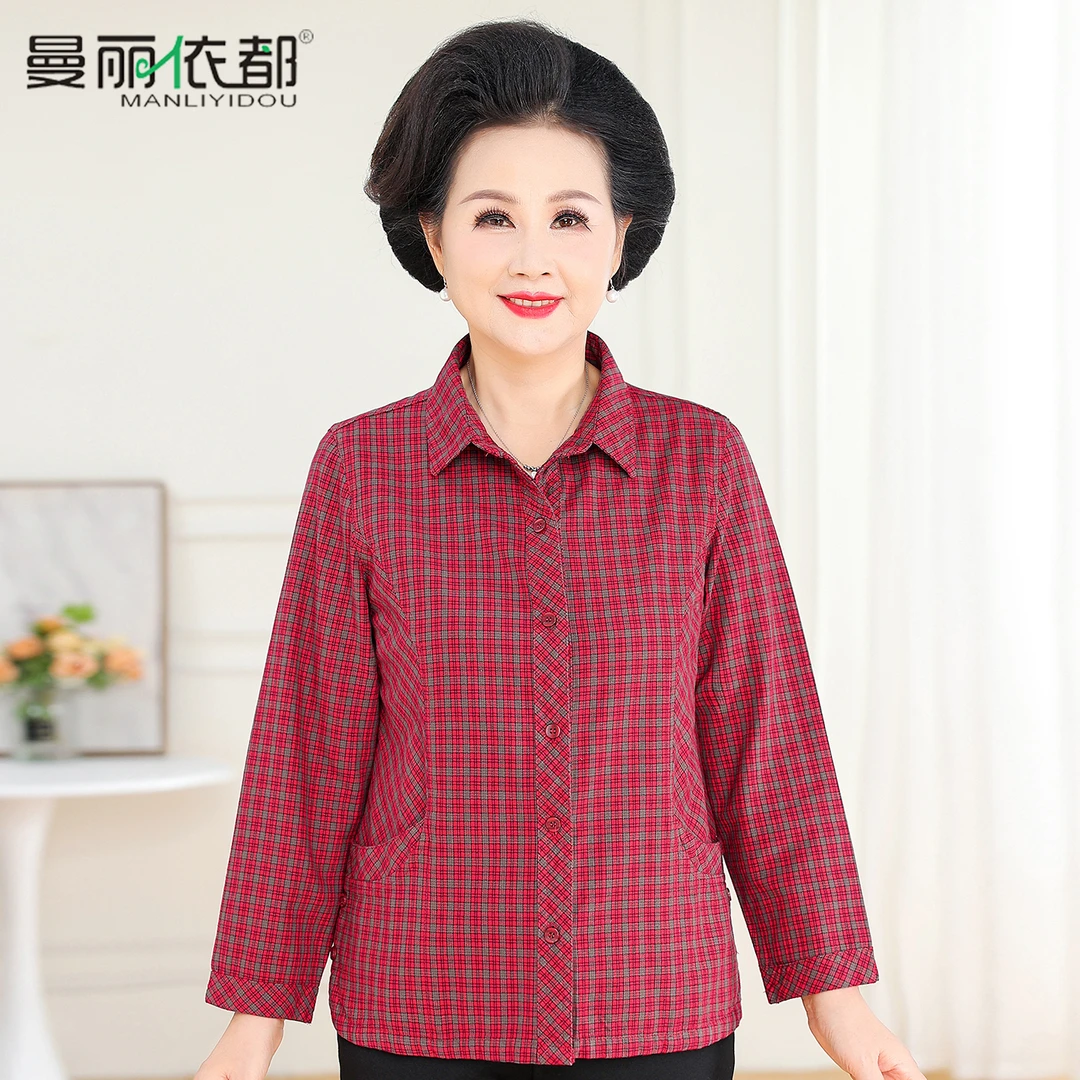 妈妈春秋上衣中老年格子衬衫长袖纯棉女奶奶秋装老人外套气质洋气
