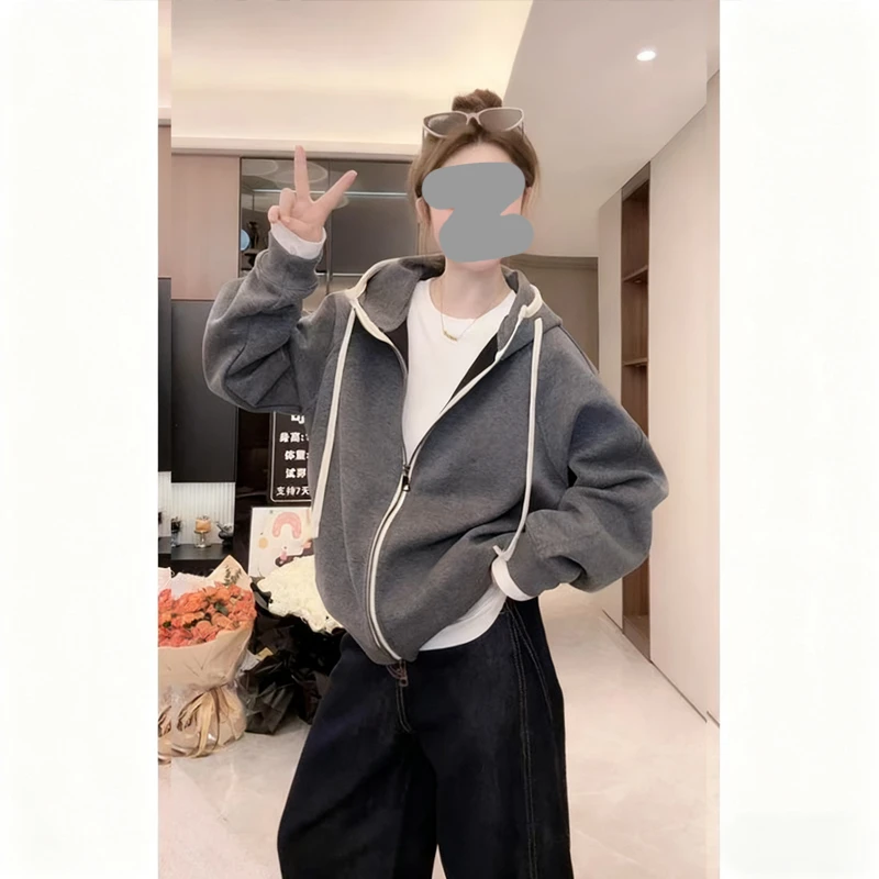 韩系半高领秋冬显白百搭卫衣外套女连帽拉链开衫休闲运动厚外套