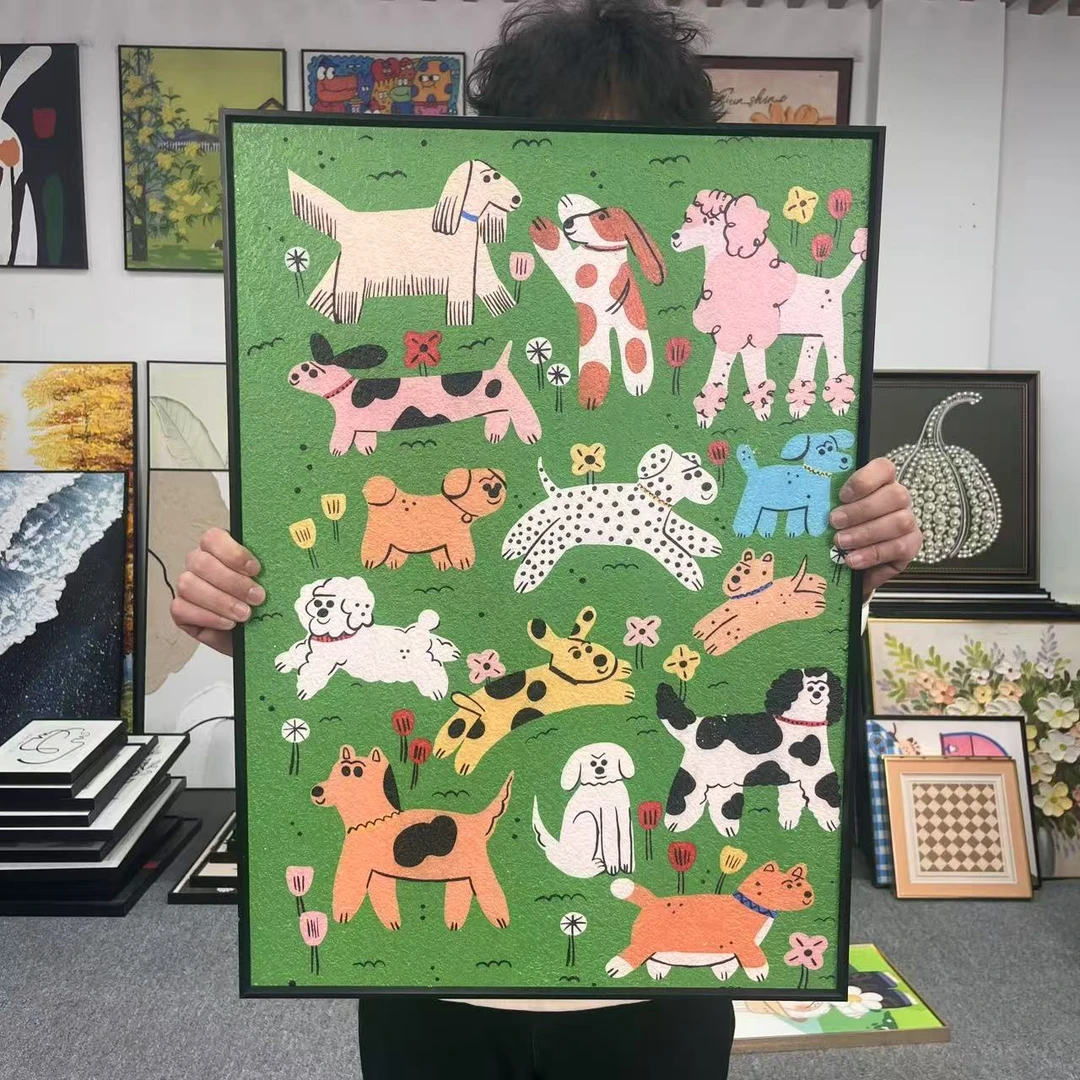 现代卡通抽象狗狗乐园砂岩高级感客厅沙发背景墙装饰画5070