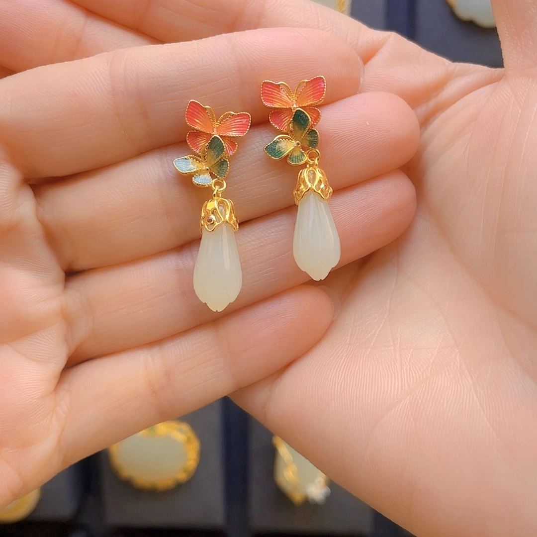 和田玉耳饰银S925镀金镶嵌