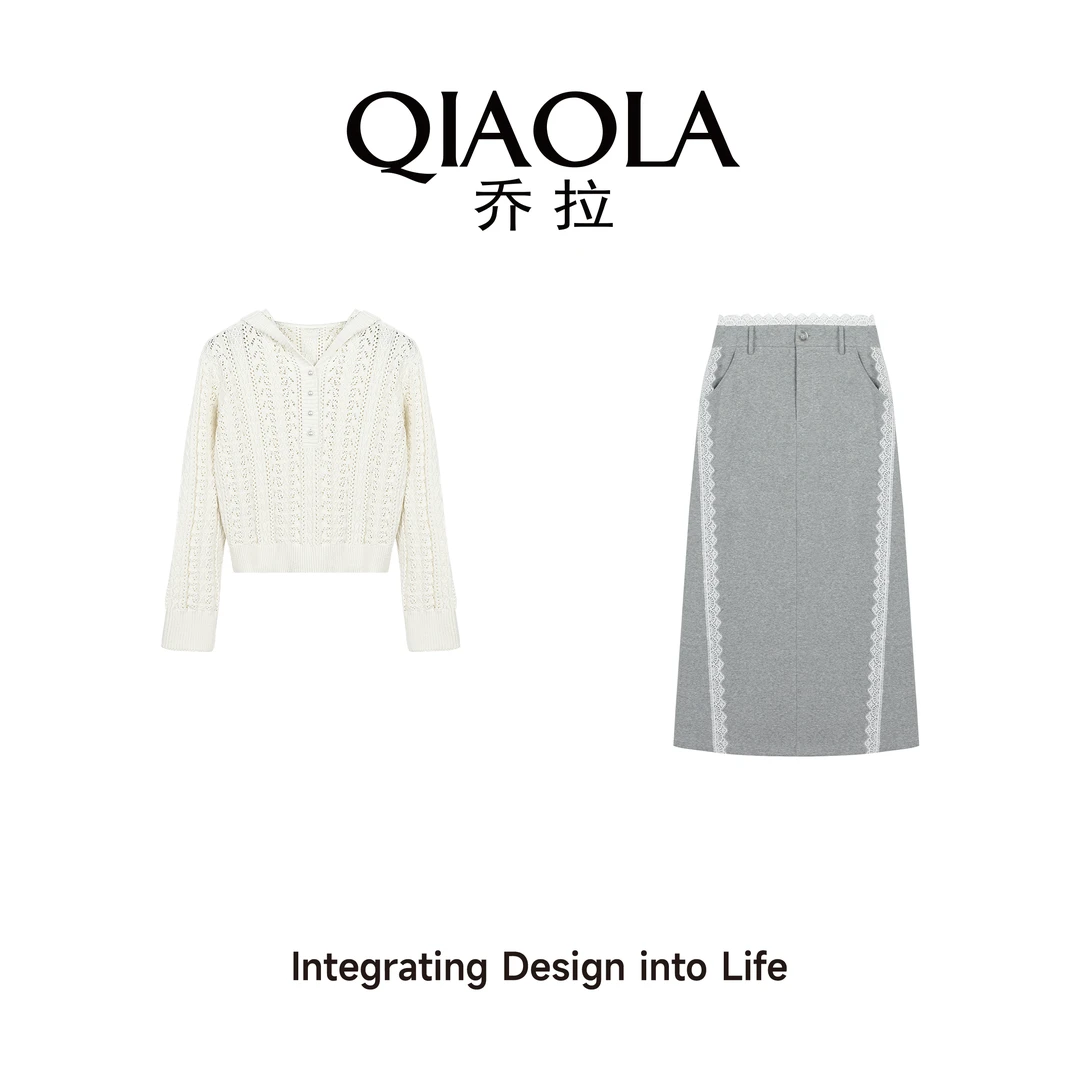 QIAOLA/乔拉【云影织谧】春夏季针织拼接蕾丝镂空编织毛衣套装