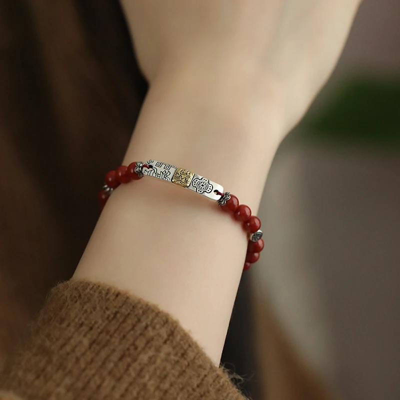 <一禅兄>S925银南红圆珠金色扎基方牌元宝吊坠手链复古古风手串