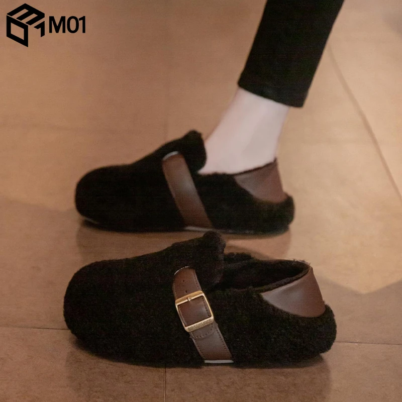 M01毛毛鞋女外穿2025新款春季雪地靴一脚蹬豆豆鞋乐福棉鞋女鞋子