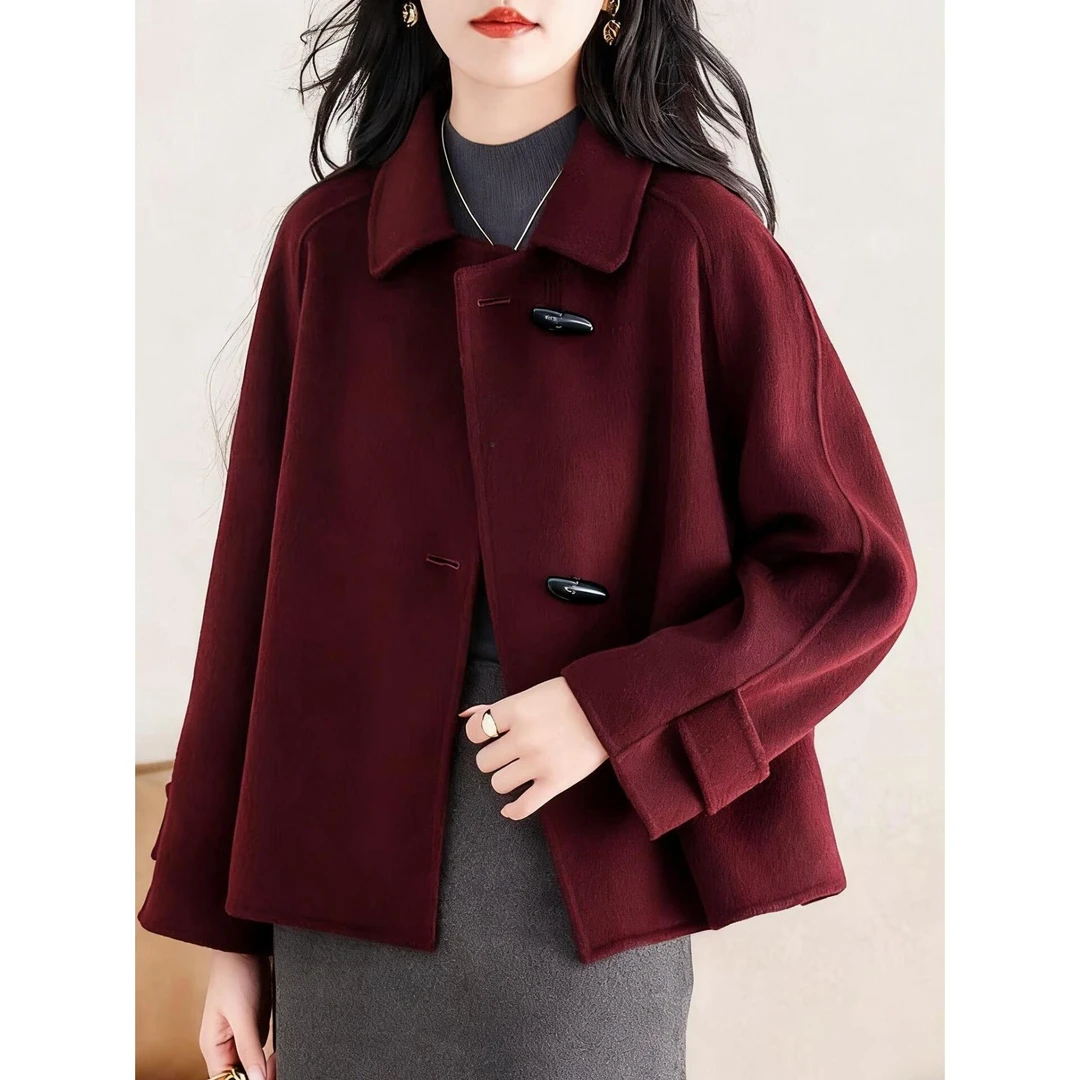 小个子双面羊毛大衣女短款2025秋冬新款牛角扣高级感毛呢子外套女