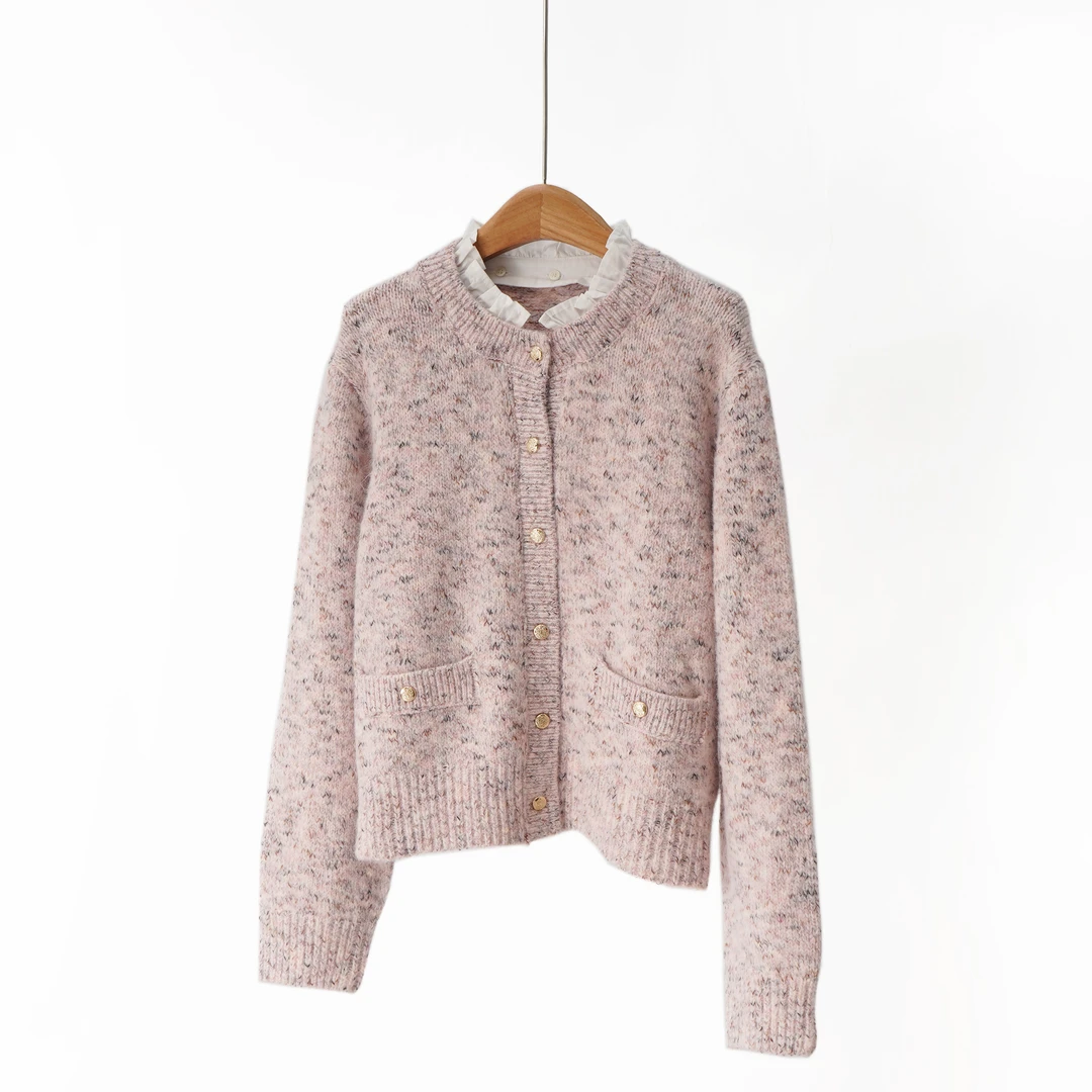 【YS12388】25冬季新品羊毛夹花纱可拆卸木耳边领百搭针织开衫女