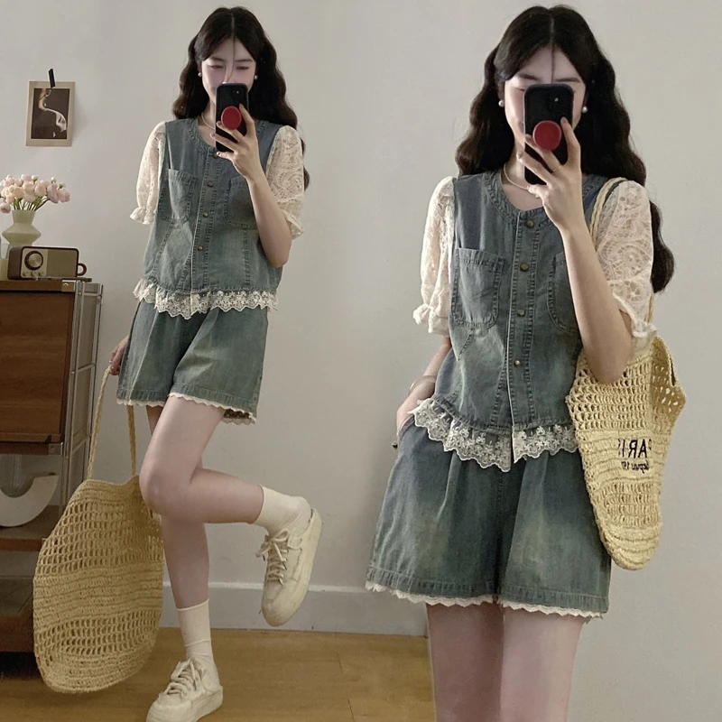 独特设计感巨显瘦套装女蕾丝拼接牛仔上衣阔腿短裤两件套2025夏新