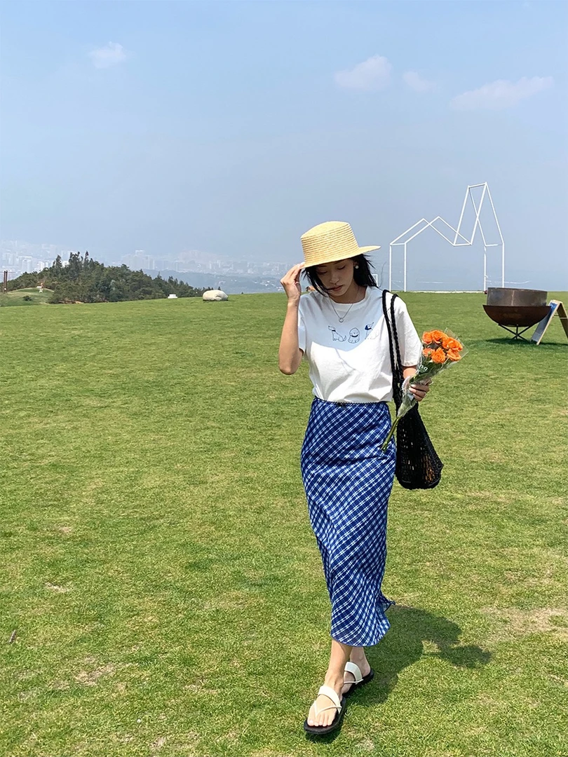 1937印花网纱双层松紧腰超好搭格子半身裙英伦轻奢潮流显瘦时尚