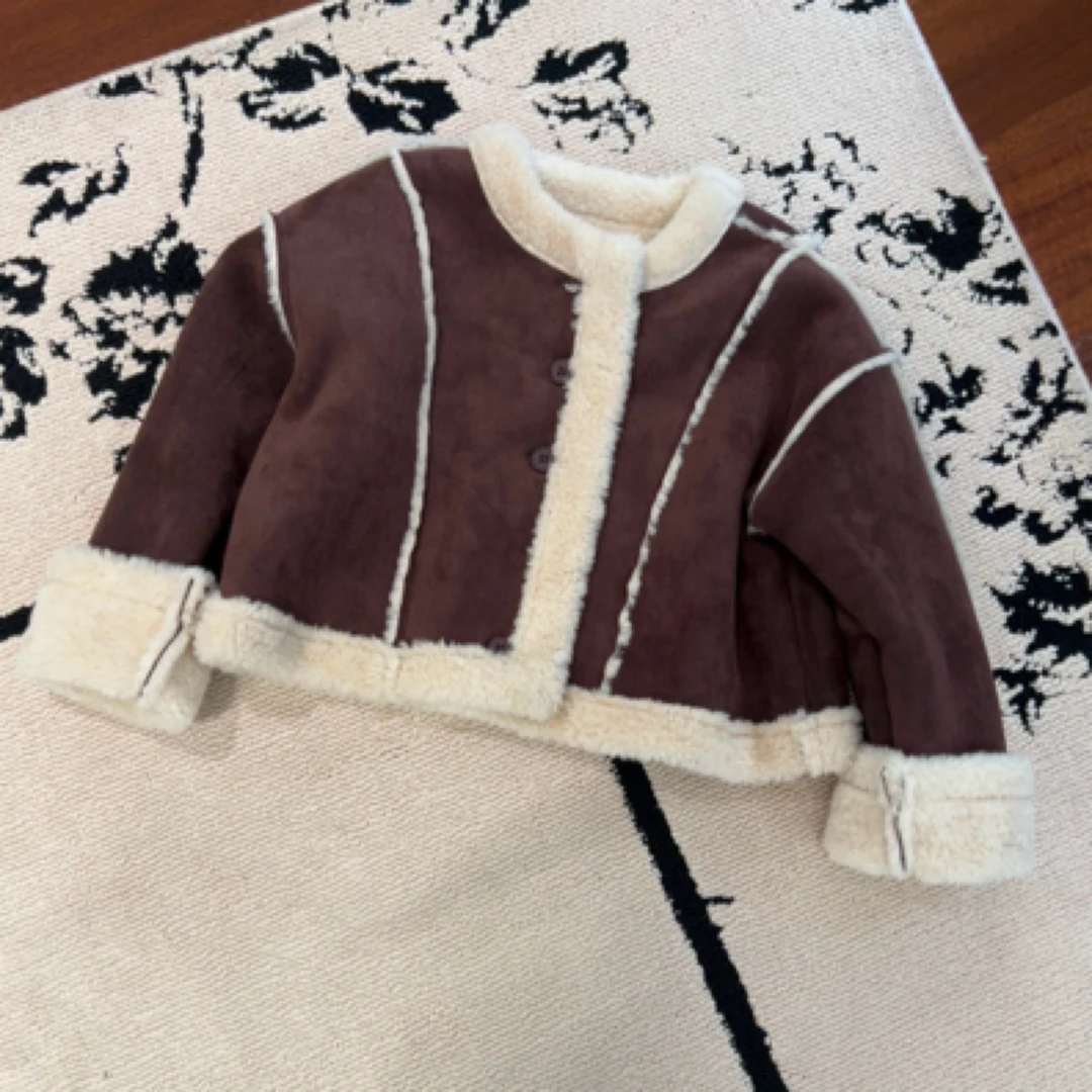 【编号P332】L8820-13-儿童 圆领皮毛外套深咖-TXT