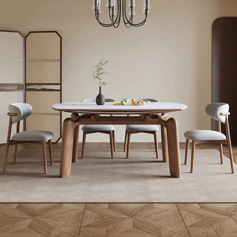 【中古风餐桌】岩板餐桌椅组合家用小户型桌子可伸缩方圆两用吃饭桌