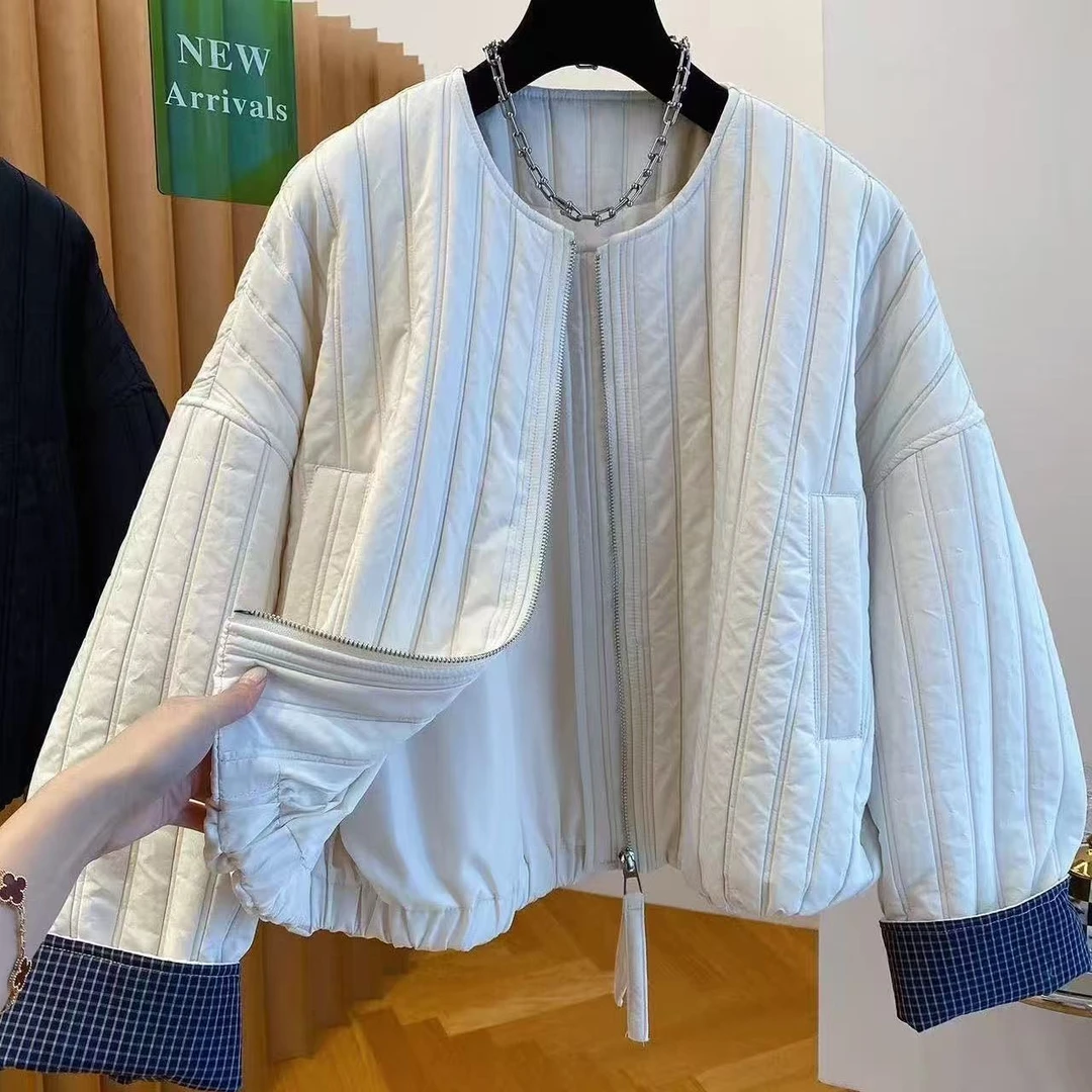 大码女装高级感外套女秋季2025新款宽松休闲格子拼接夹克拉链上衣
