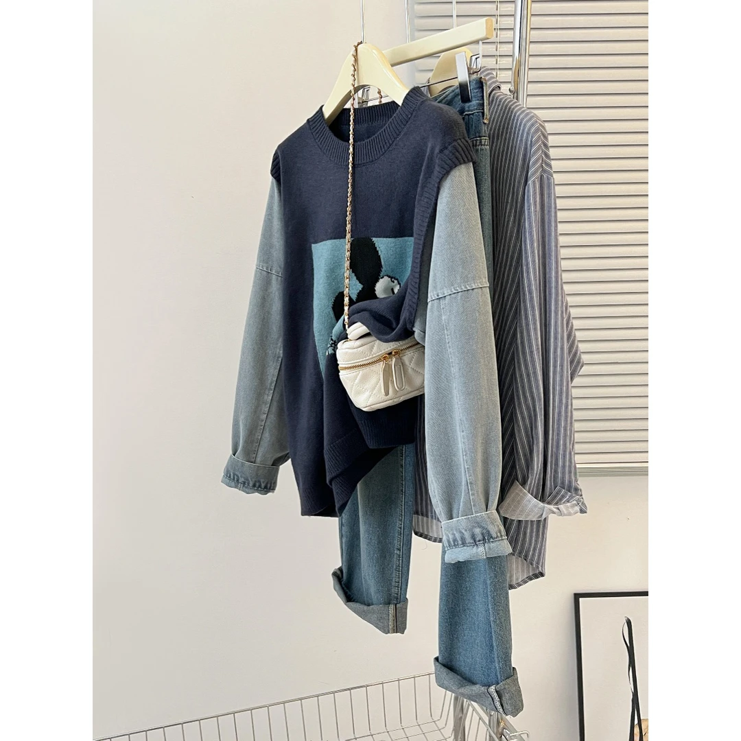 胖mm200斤大码假两件针织衫上衣女秋季新款牛仔袖拼接学院风毛衣