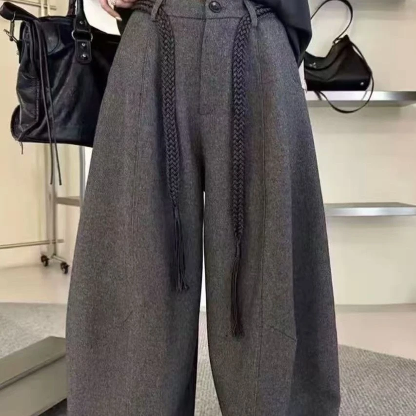 【送腰带】2025秋冬季新款毛呢时尚韩系高腰遮肉显瘦百搭阔腿长裤女