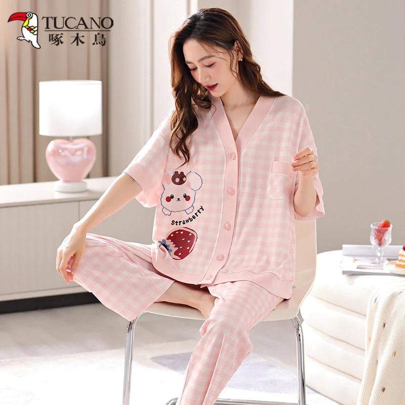 啄木鸟2025年新款短袖长裤睡衣女夏季和服纯棉少女士学生休闲日系
