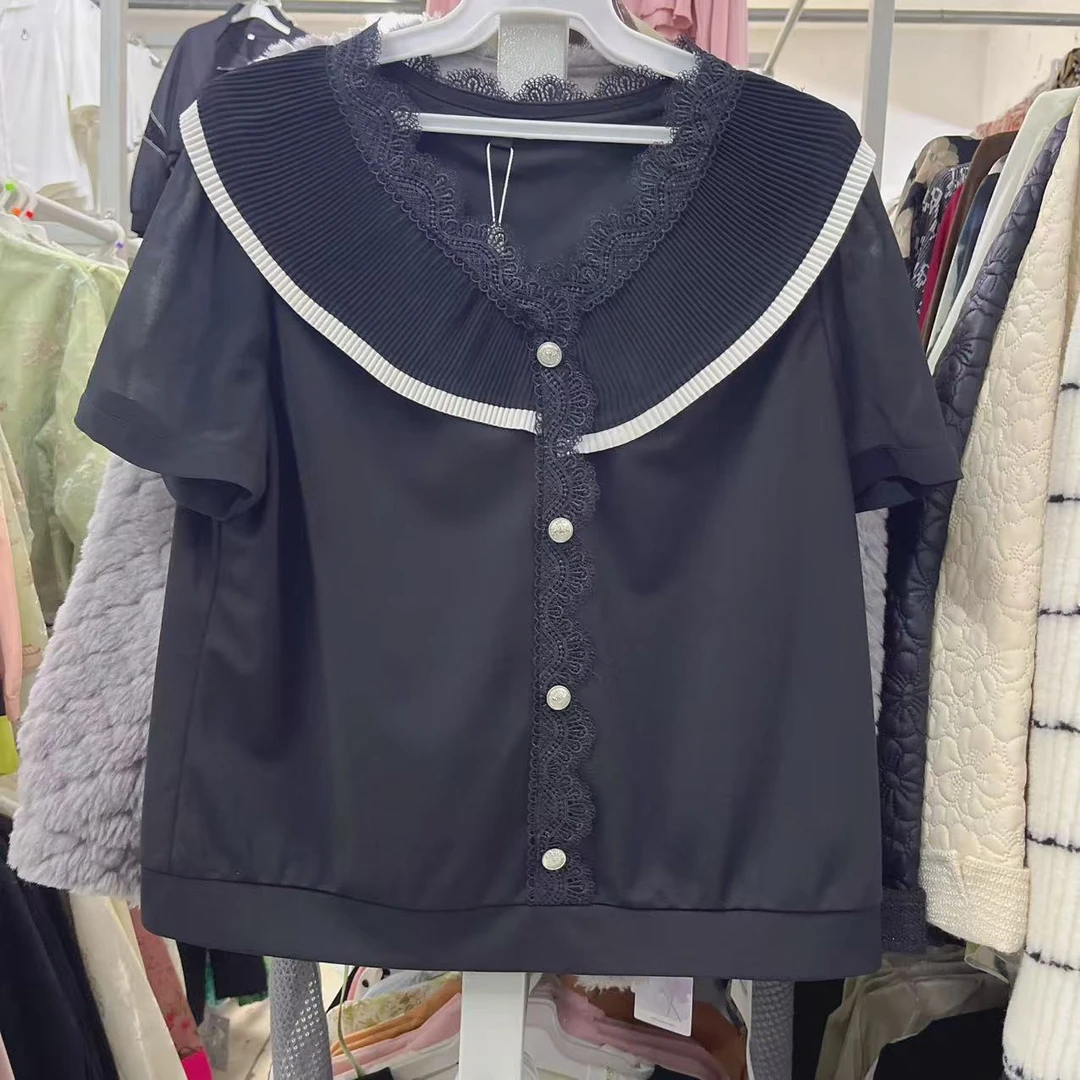 055甜美淑女小清新短袖套头蕾丝V领小衫F3清