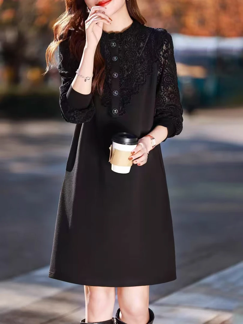 【F2760】高级感蕾丝拼接连衣裙女2025年春季新款气质显瘦韩系裙子
