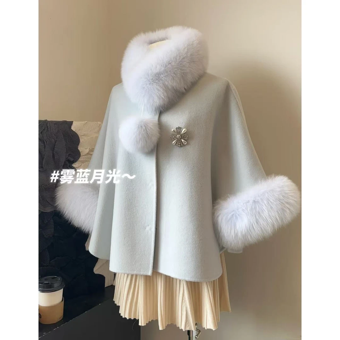 Cette Saison雾蓝月光~可拆卸狐狸毛斗篷双面呢大衣   CS-4ATC708