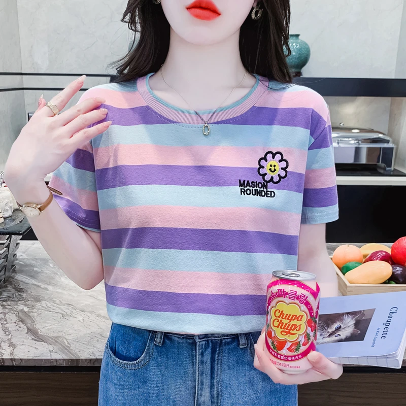 条纹短袖T恤女2025年夏季新款百搭宽松显瘦绣花半袖上衣洋气圆领