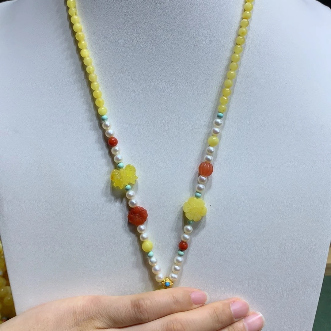 银S925镀金镶嵌颈饰蜜蜡万能链