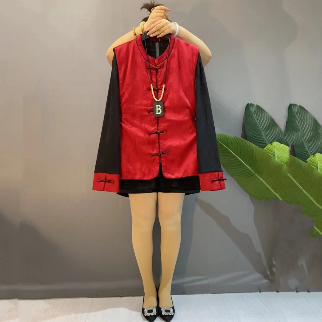 胖妹妹国风高级秋冬大码女装新中式红色提花盘扣马甲打底衫套装女