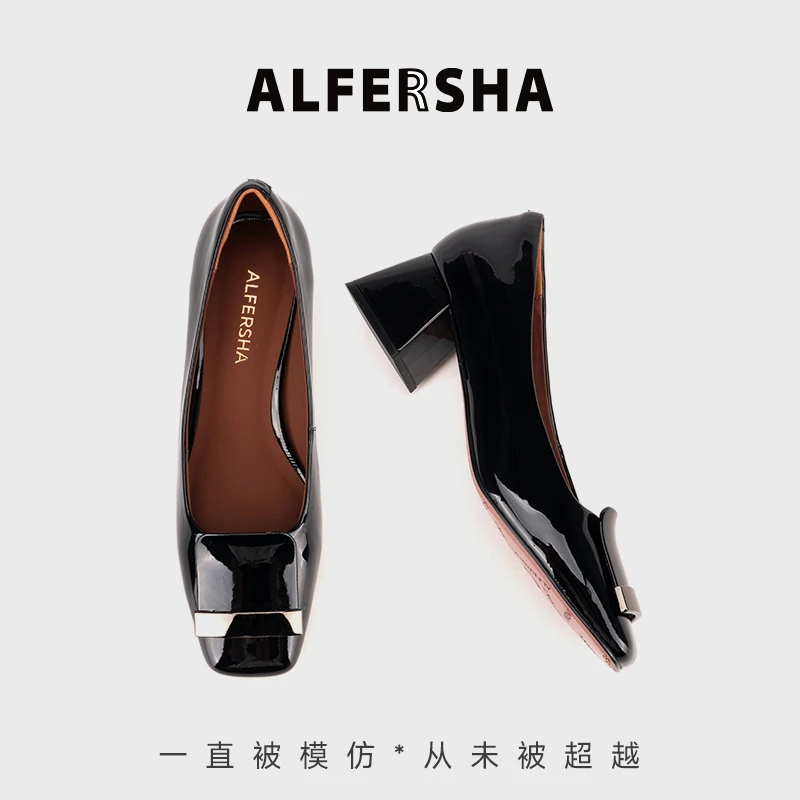 四季单鞋阿芙莎旗下联名261973新款时尚金属扣粗跟高跟鞋B