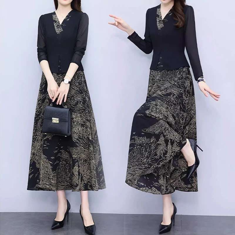 假两件长袖连衣裙2025新款女春季款中年妈妈气质中长款宽松微弹裙