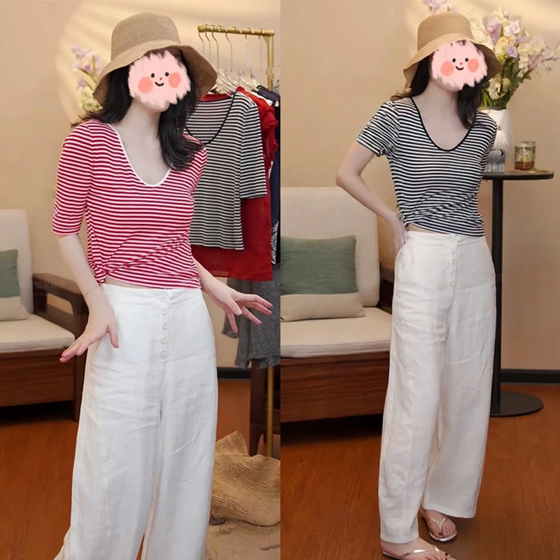 香朵儿时尚松弛感套装女2025夏季新款撞色条纹设计洋气上衣休闲裤